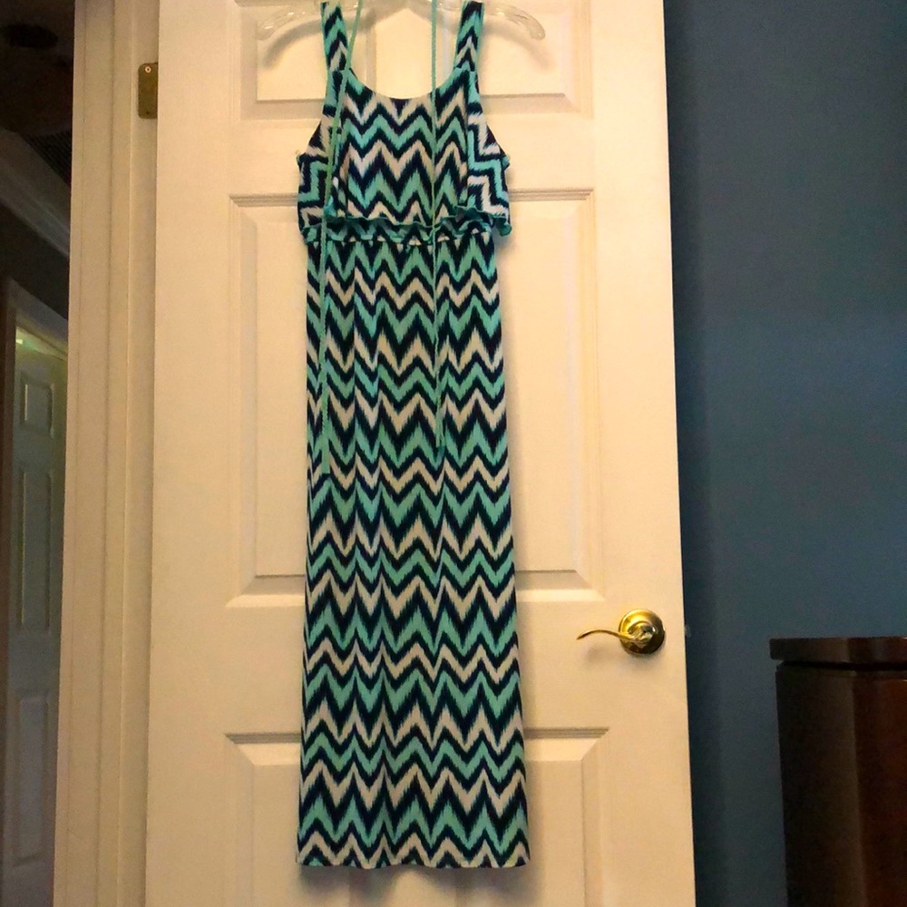 Three pink hearts girls blue and white maxi dress